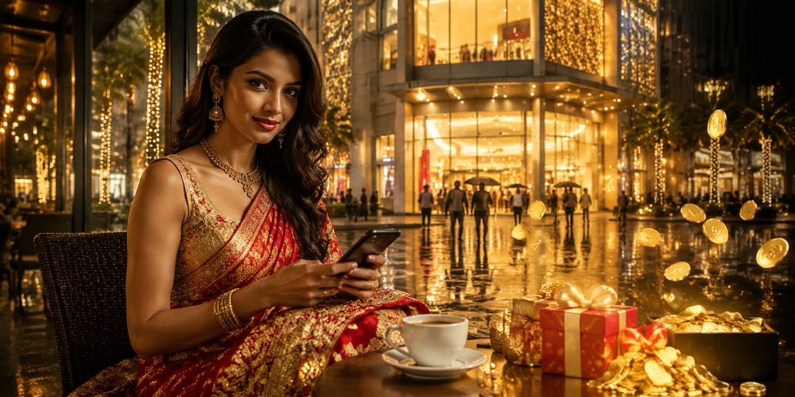 Indian woman using mobile app for payments with gaming background